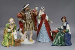 Four Royal Doulton figures: Henry VIII HN3350, Anne of Cleeves HN3356, Catherine of Aragon HN3233