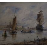 William Edward Atkins, watercolour, shipping in an estuary, signed, 16 x 18cm