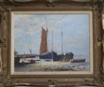 Tony Johnson, oil on canvas board, Sailing barges Pin Mill, inscribed
