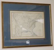Pierre Lapie, coloured engraving, Carte des Etats - Unis 1814, 36 x 48cm
