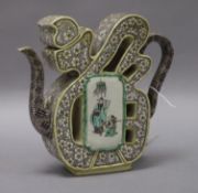 A 19th century Chinese enamelled biscuit "Fu" wine pot and cover, repaired