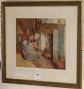 William Henry Charles Groome, watercolour, a young woman seated at the fireside, signed and