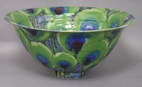 A Dartington Pottery 'Peacock' design large bowl by Janice Tchalenko, Dia 42cm