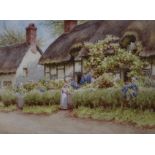 W. Carter, watercolour, woman beside a thatched cottage, 16 x 22cm