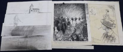 George M Sullivan, pen and ink drawings Cupid at the helm, The King, with other smaller sketches,