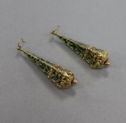 A pair of ornate 9ct gold and enamel tapering triangular drop earrings, (some enamel loss), 50mm.