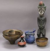 An African Baule-style part-glazed black stoneware figure and sundry studio pottery ceramics,