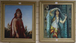 Modern Orientalist School, pair of oils on canvas, portraits of Arab girls, indistinctly signed,