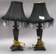 A pair of small table lamps with black shades height 44cm