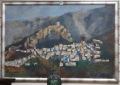 N. Tombo, oil on board, Spanish hillside town, signed and dated 2001, 80 x 122cm