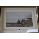 J. Ghent, watercolour, figures beside a beached fishing boat, 20 x 32cm