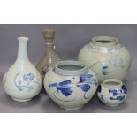 Five Korean pottery vases tallest 26cm