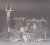 Steven Newell (b. 1948), six items of table glass, including a tapered square section decanter