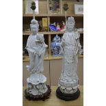A pair of Chinese blanc de chine figural lamps on bases overall height 73cm