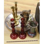 Victorian overlaid glass candlesticks, Ruskin vase, tray etc