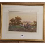 J. Niven, pair of watercolours, horse and carts in landscapes, signed, 26 x 36cm