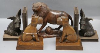 A Chinese carved lion and two pairs of Art Deco dog bookends lion height 20cm