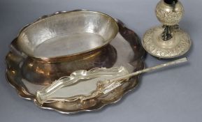 A Chilean 800 white metal tray, an Art Nouveau silver pin tray and three other items.