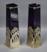 A pair of Austro Hungarian Art Nouveau 800 standard white metal mounted amethyst glass vases,