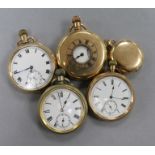 Four assorted gold plated pocket watches including a fob watch and one other pocket watch.