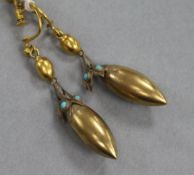 A pair of Victorian yellow metal and turquoise drop earrings, 38mm.