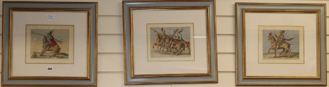 3 18th century coloured engravings of mounted knights, 15 x 20cm