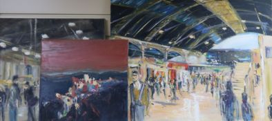 Libbi Gooch, three oils on canvas, station interiors and landscape, two signed, largest 61 x 76cm,