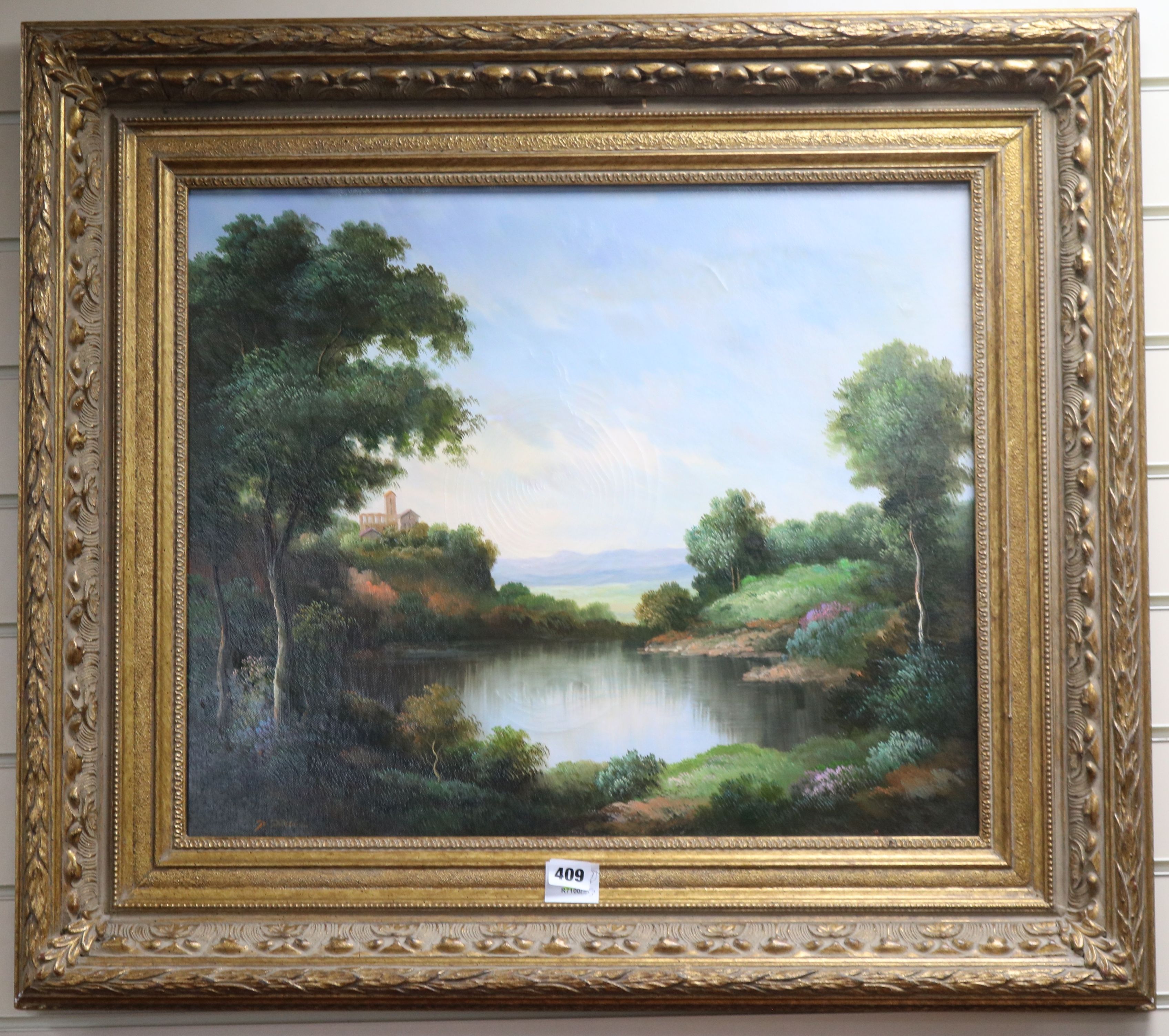 English School, oil on canvas, lake scene