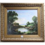 English School, oil on canvas, lake scene