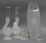 Catherine Hough, a heavy elliptical frosted glass vase and four items by Simon Moore, including a