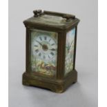 A French brass and enamel miniature carriage timepiece height 8cm