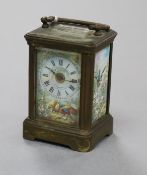 A French brass and enamel miniature carriage timepiece height 8cm
