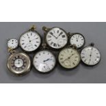 Six assorted silver pocket watches including half hunter and two silver fob watches.