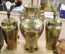 A pair of Japanese brass lamps of two handled slightly tapering form with copper and white metal