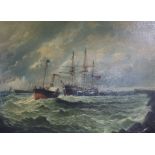 19th century English School, oil on canvas, tug towing a ship and lifeboat into harbour,