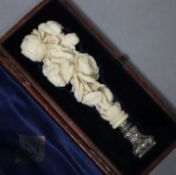 A cased 19th century silver mounted Dieppe ivory desk seal, 11.9cm.