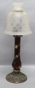 A Victorian enamelled glass oil lamp base and shade height 63.5cm