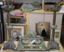 A pair of brass pricket candlesticks and and inkstand candlesticks height 49cm