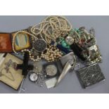 Mixed items including, costume jewellery, mother of pearl counters and a Swiss silver wrist watch.