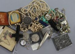 Mixed items including, costume jewellery, mother of pearl counters and a Swiss silver wrist watch.