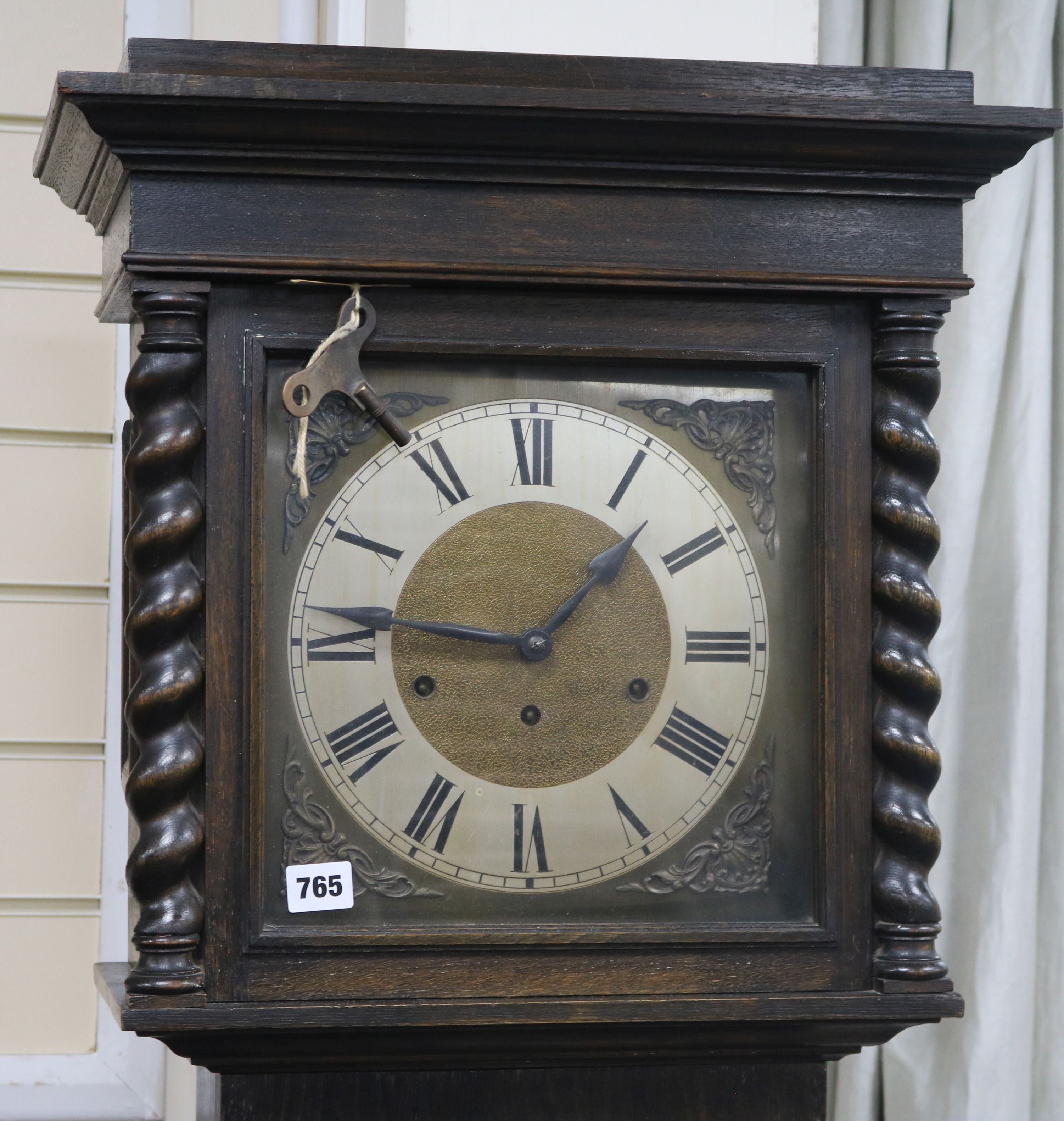 A 1920's oak chiming longcase clock H.189cm