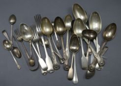 A group of mixed 18th century and later flatware including a pair of George I silver table spoons,