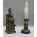 A bronze of St. Peter and a bronze and glass candlestick height 29cm