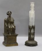 A bronze of St. Peter and a bronze and glass candlestick height 29cm