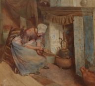 William Henry Charles Groome, watercolour, a young woman seated at the fireside, signed and