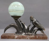 An Art Deco bird lamp on marble base length 28cm