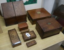A collection of Tunbridgeware boxes, writing slopes etc