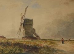 Circle of David CoxwatercolourFigure passing a windmill21 x 30cm