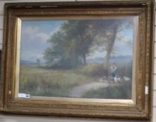 English School, oil on canvas, woman feeding geese in a landscape, indistinctly signed, 50 x 75cm