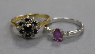 An 18ct yellow gold, sapphire and diamond cluster ring and an 18ct white gold, pink sapphire and